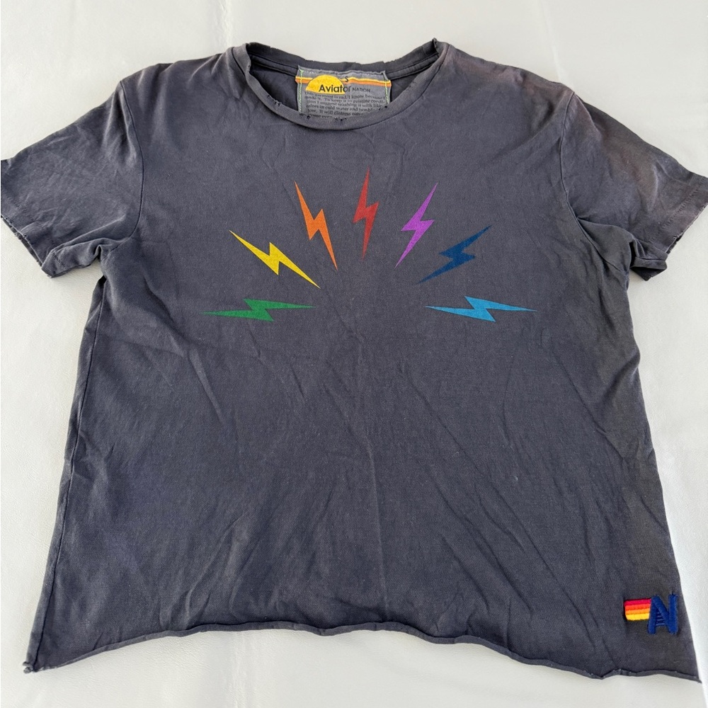 Aviator Nation Women’s Tee - Charcoal with Rainbow Lightning - Size Small